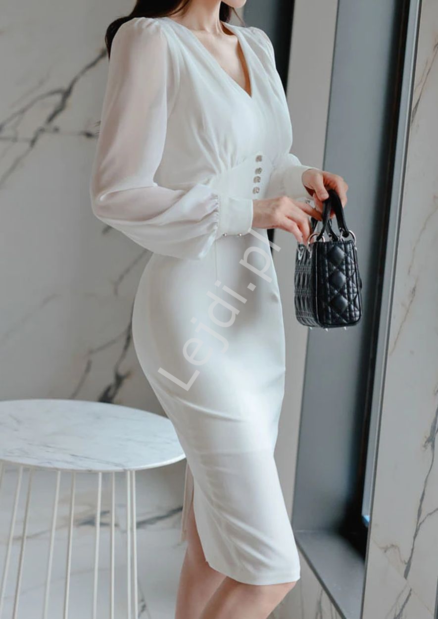Biała sukienka elegancka z szyfonowym rękawem