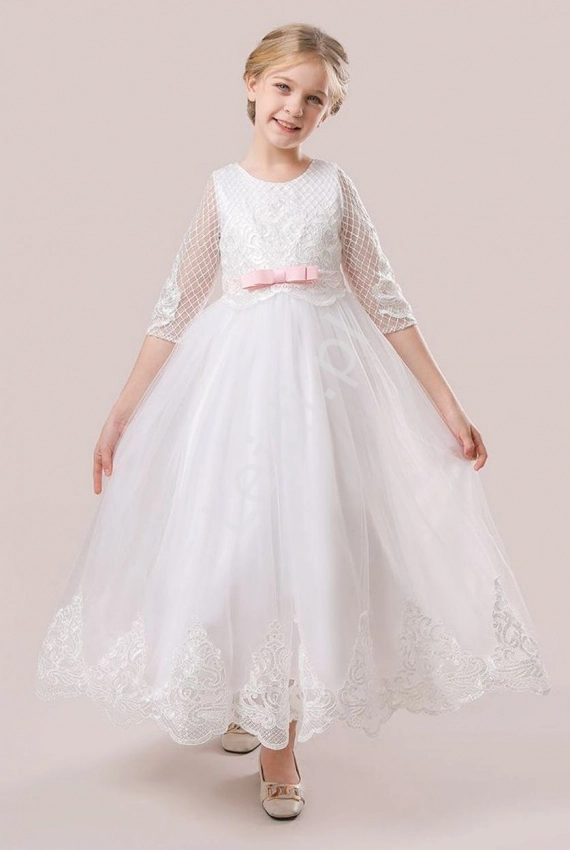 Biała sukienka komunijna z koronkową górą LP-310