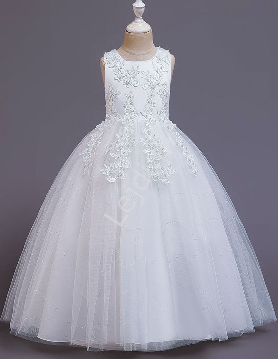 Biała sukienka komunijna z koronkowym haftem, elegancka sukienka dla dziewczynki