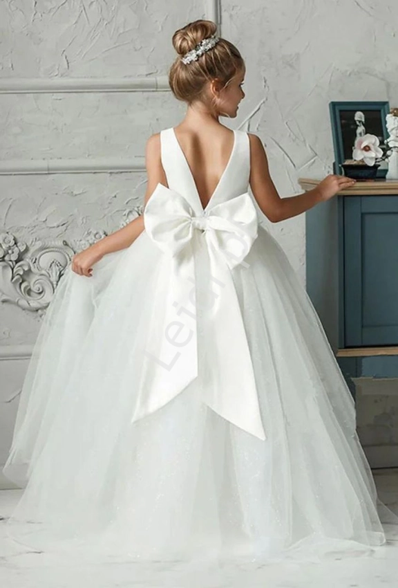Biała sukienka komunijna z tiulową spódnicą, biała sukienka dla dziewczynki 505