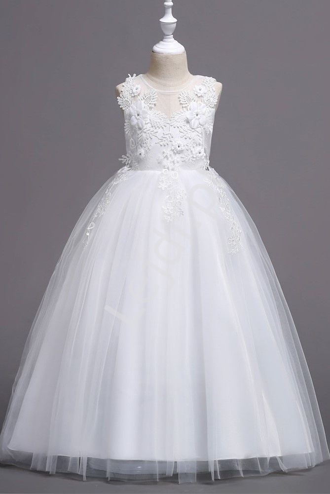 Biała sukienka na komunię z kwiatkami 3D 832 - Lejdi