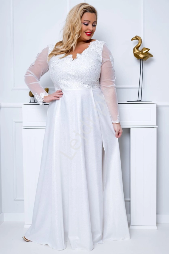 ślubna sukienka biała z brokatem