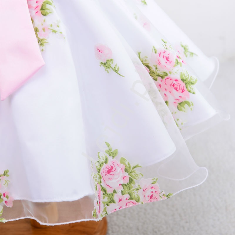 Biała sukienka w nadrukowane róże dla dziewczynki