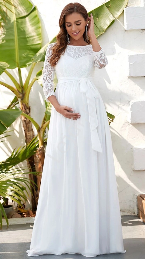 Biała suknia ślubna ciążowa z koronkową górą 