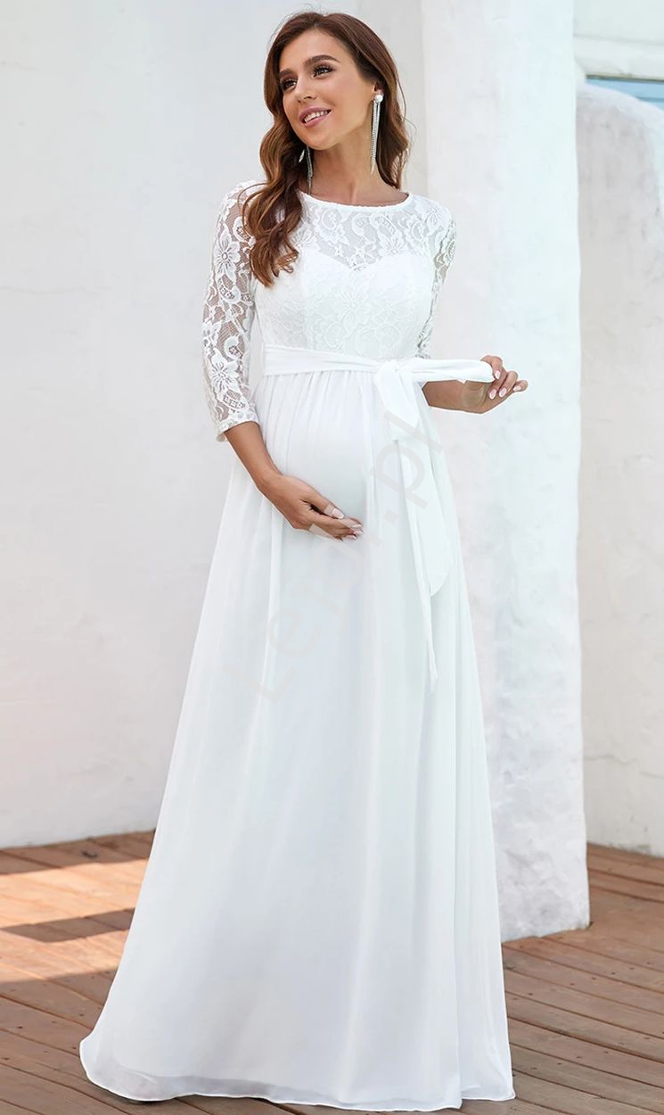 Biała suknia ślubna ciążowa z koronkową górą 