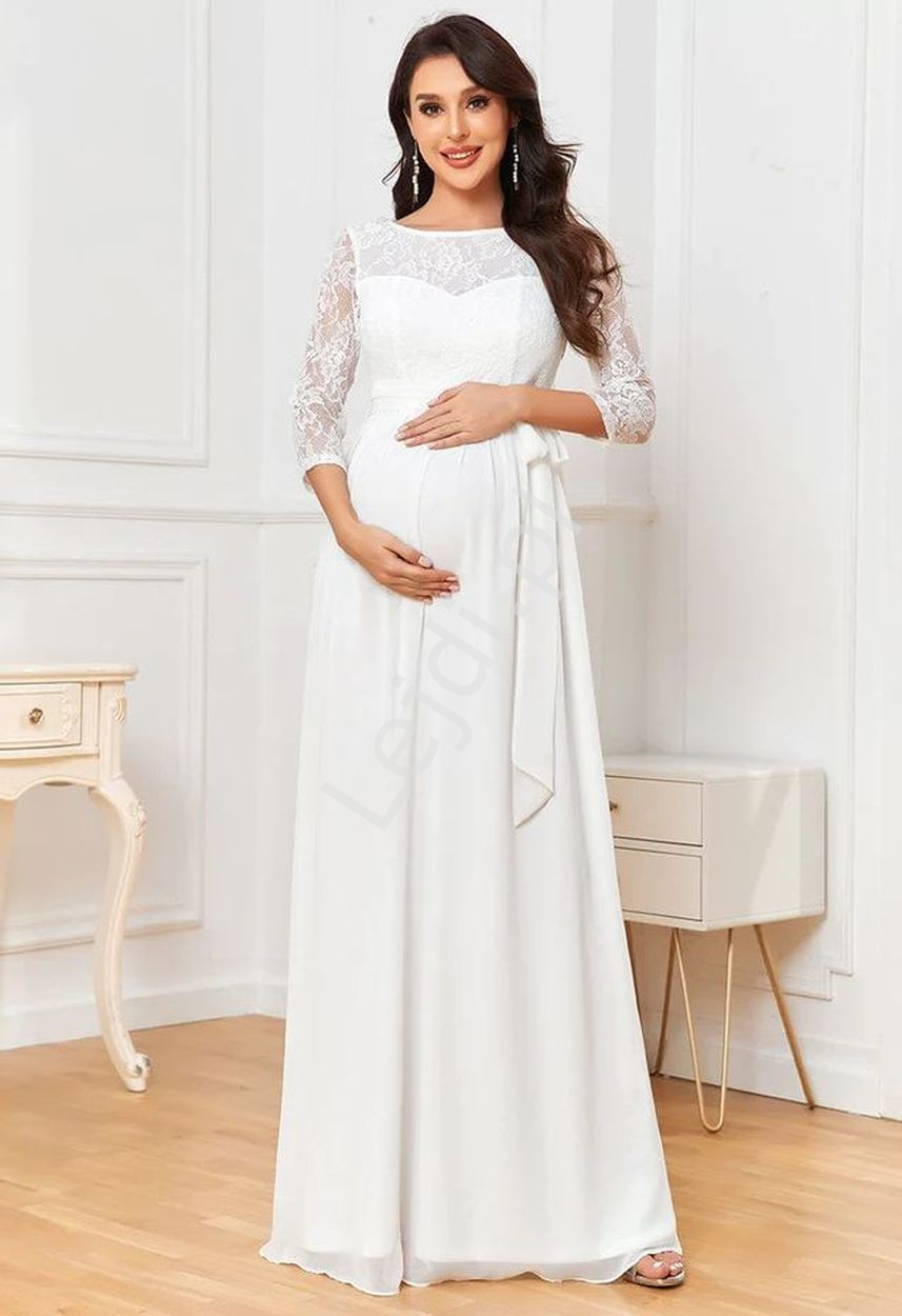 Biała suknia ślubna ciążowa z koronkową górą