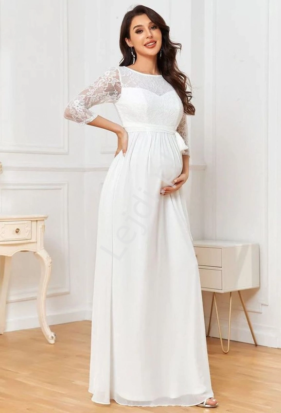 Biała suknia ślubna ciążowa z koronkową górą 1406