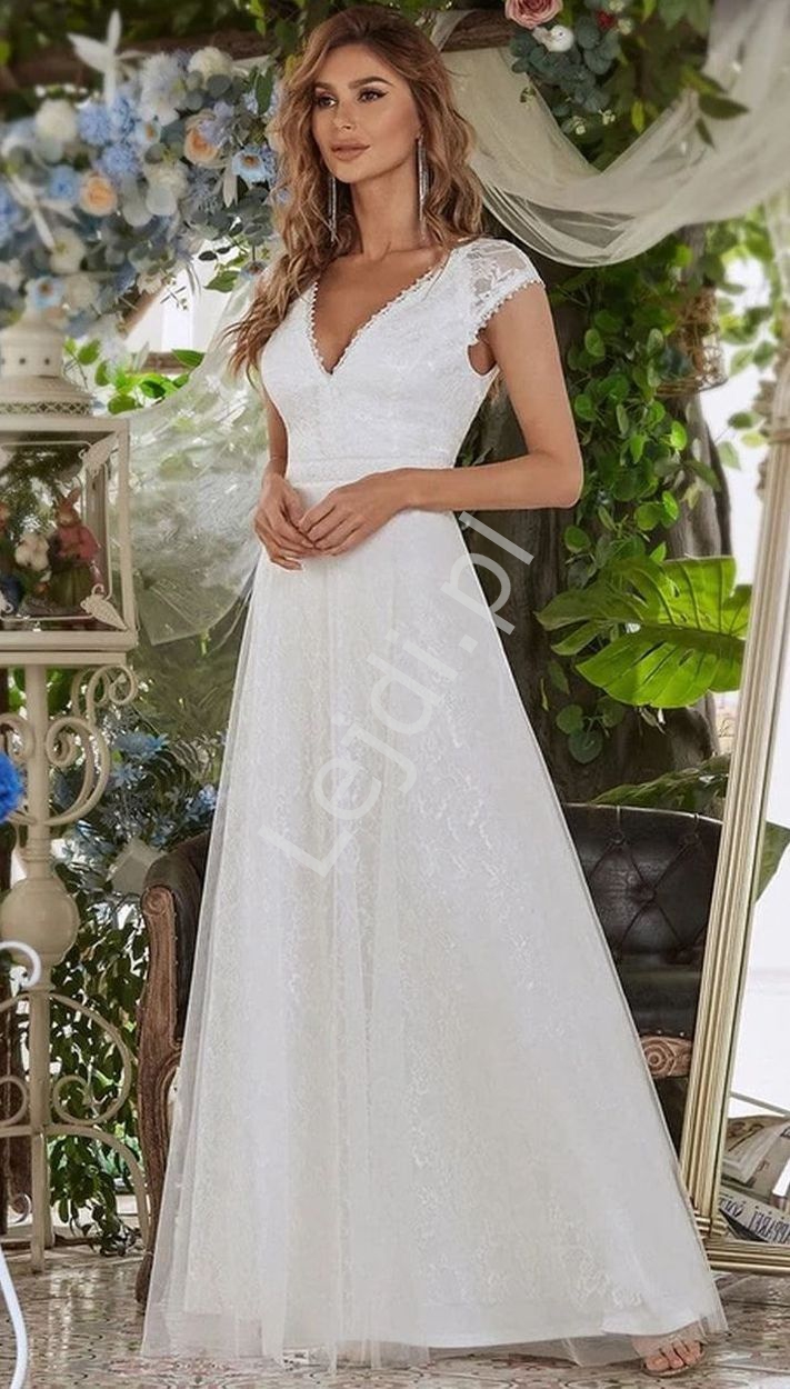 Biała suknia ślubna w stylu boho z piękną koronką 0657 - Lejdi