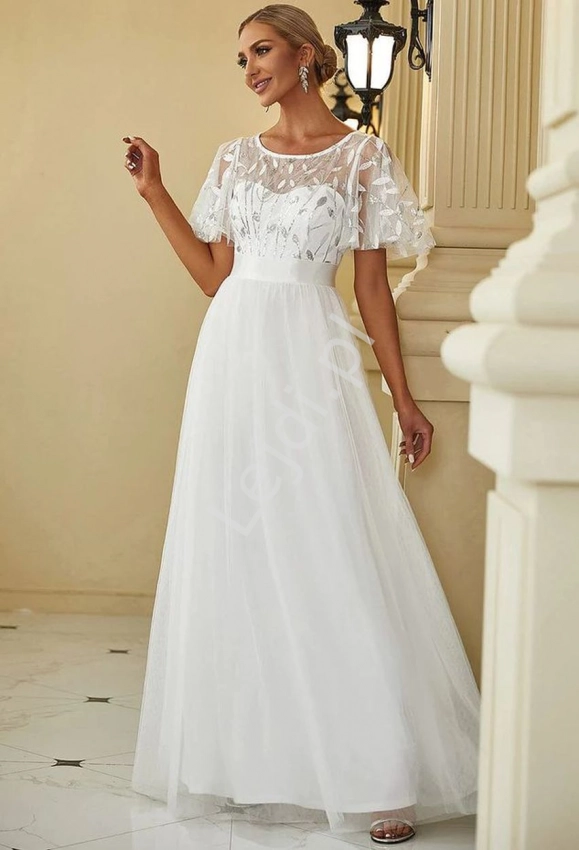 Biała suknia ślubna z haftowanymi listkami z cekinami 0904