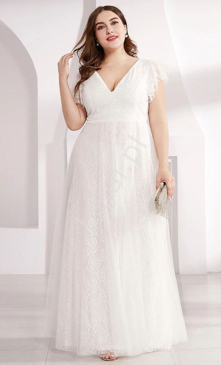 Biała suknia ślubna z welonem gratis, koronkowa sukienka plus size