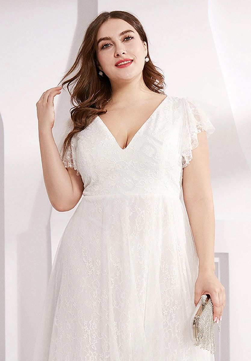 Biała suknia ślubna z welonem gratis, koronkowa sukienka plus size