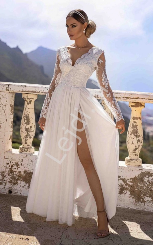 Biała tiulowa suknia ślubna z elegancką koronką, Adel