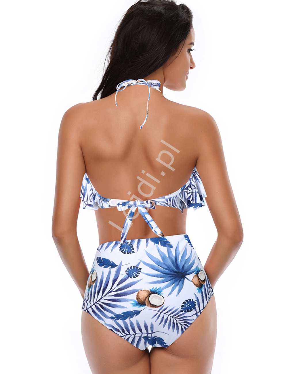 Białe bikini mama córka z niebieskimi listkami i kokosami