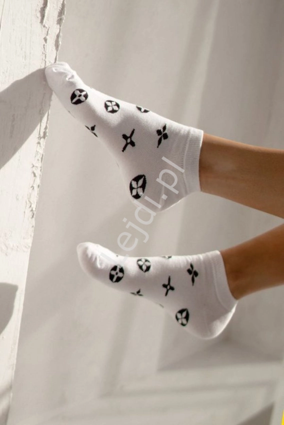 Białe skarpetki krótkie z bawełny, modne stopki z wzorem LV