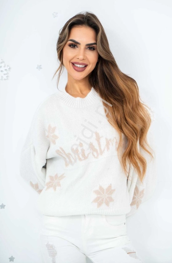 Biały sweter świateczny christmas z śnieżynkami w kolorze nude 6211