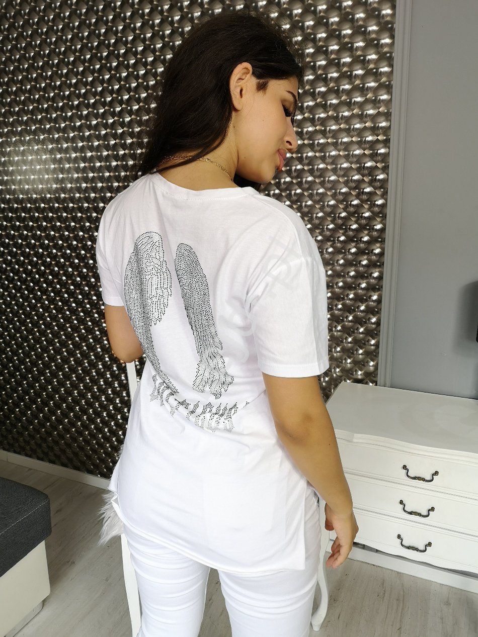 Biały t-shirt damski leviticus z skrzydłami kryształkowymi na plecach