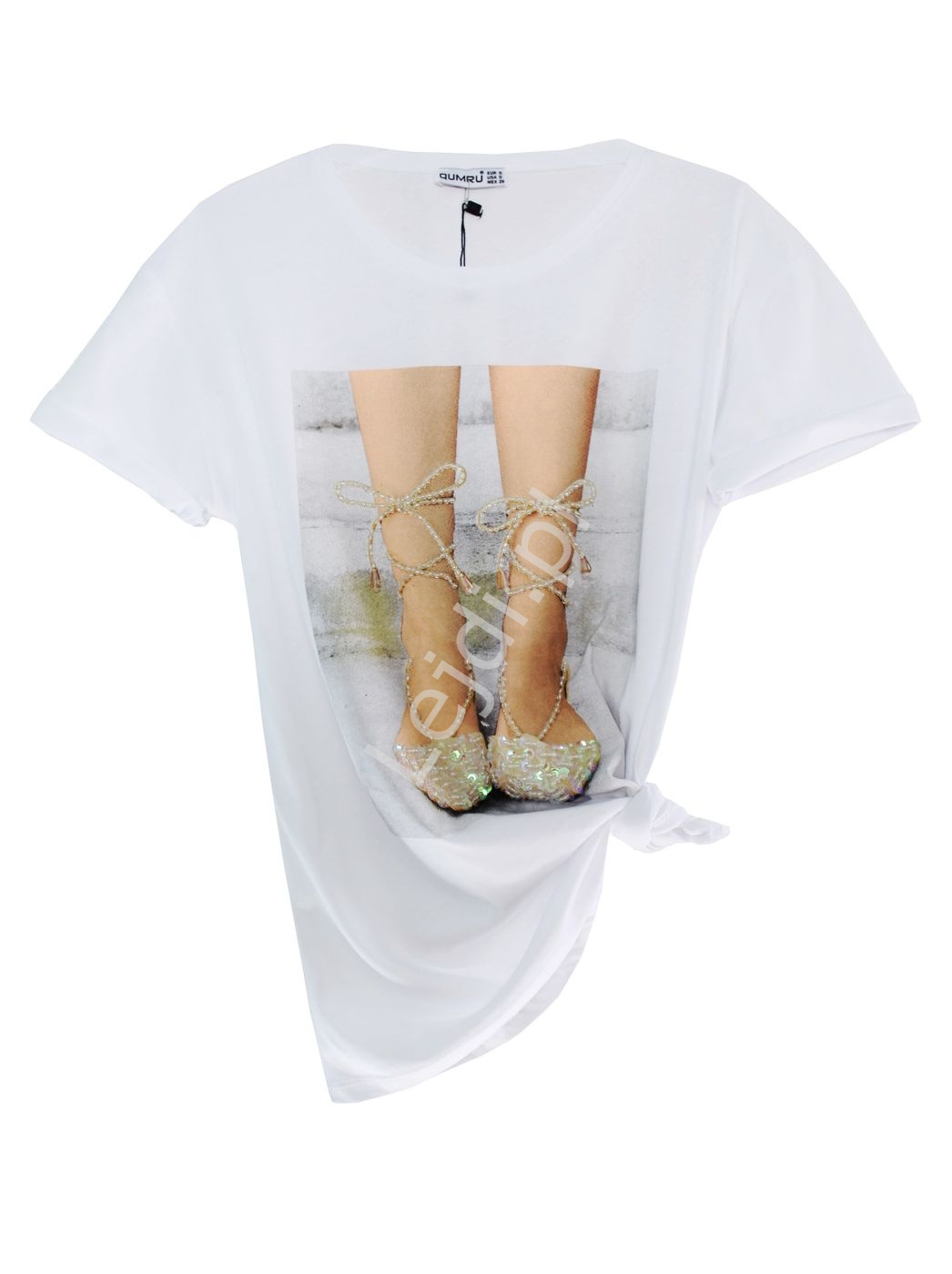 Biały t-shirt damski z bucikami zdobionymi cekinami i koralikami - Lejdi
