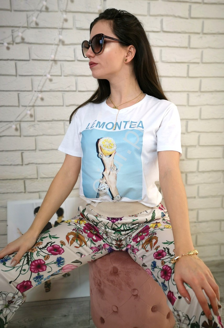 Biały t-shirt z kryształkowym zdobieniem, Lemontea