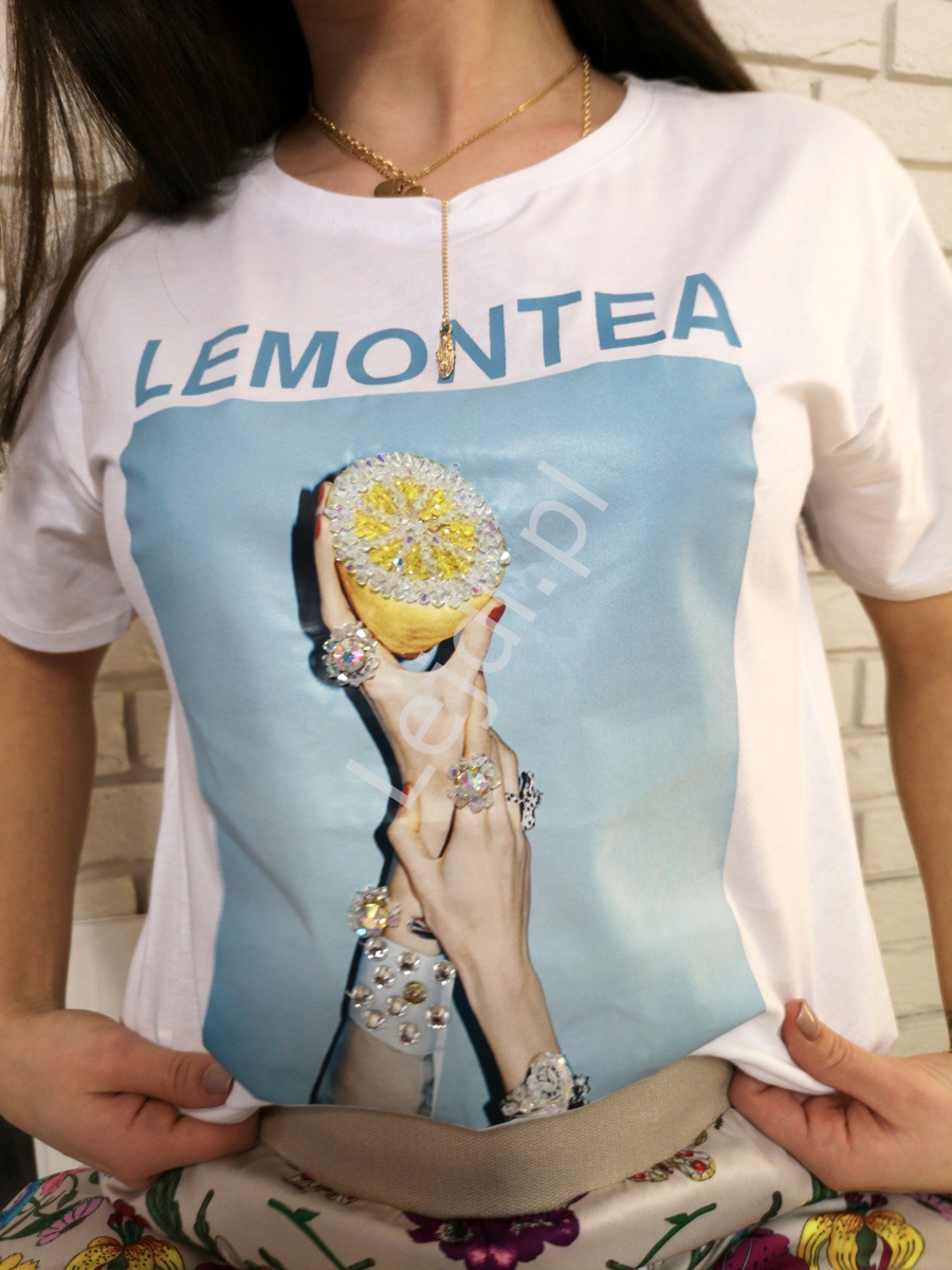 Biały t-shirt z kryształkowym zdobieniem, Lemontea