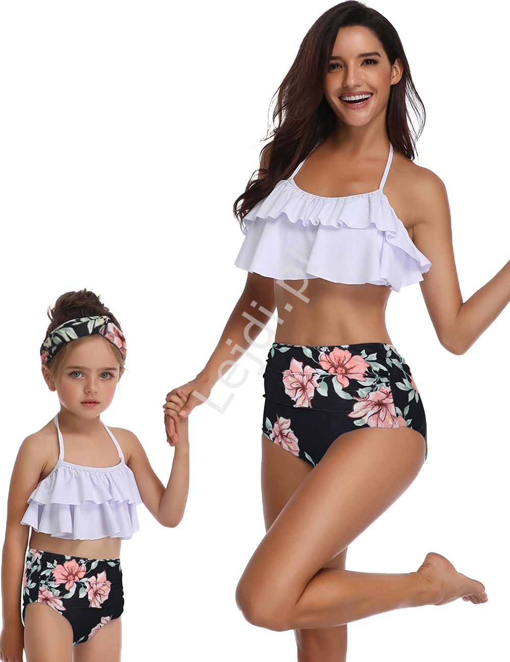 Bikini dla mamy i córki z falbanami biało czarne w kwiaty