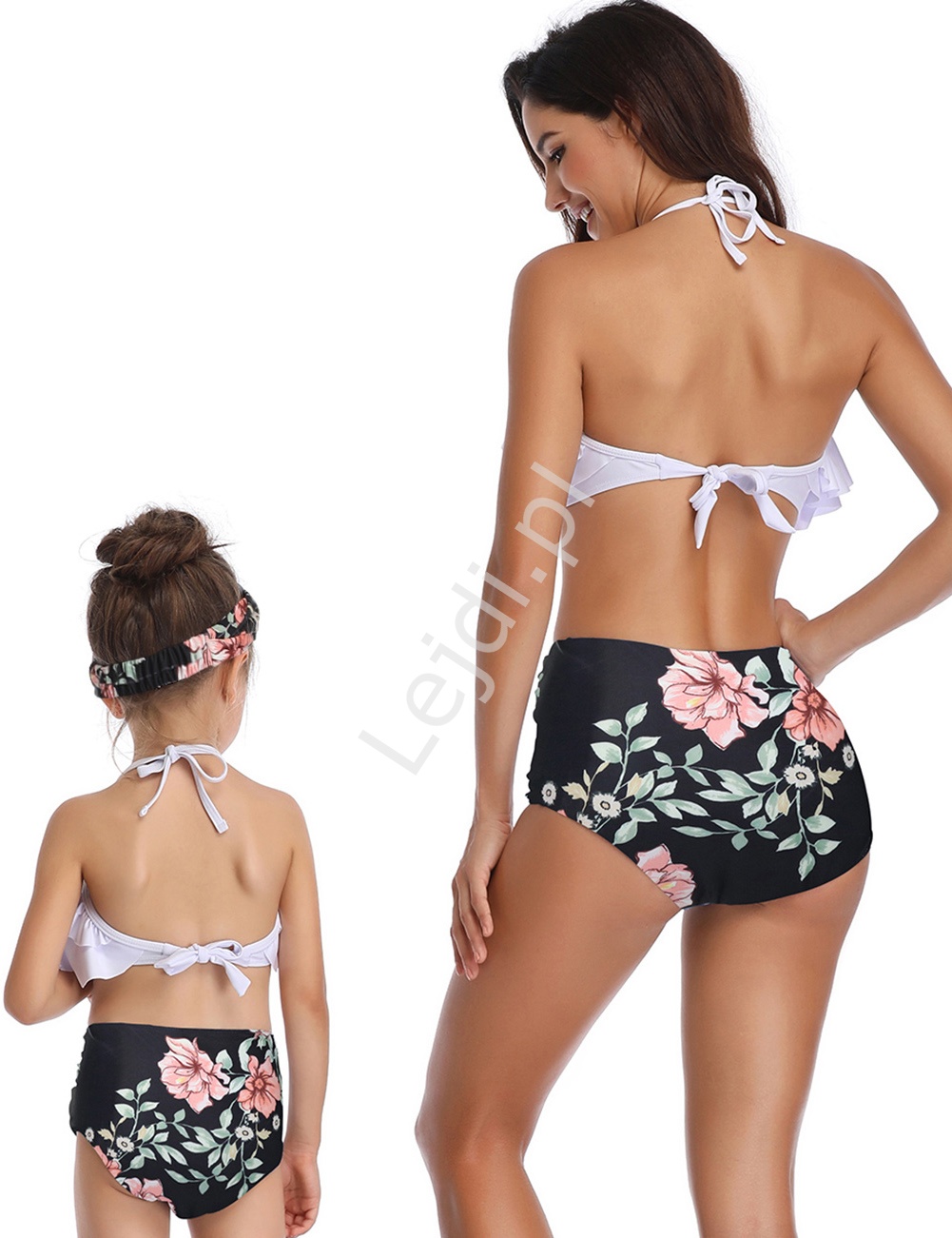 Bikini dla mamy i córki z falbanami biało czarne w kwiaty