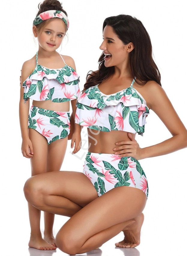 Bikini dla mamy i córki z zielonymu liściami