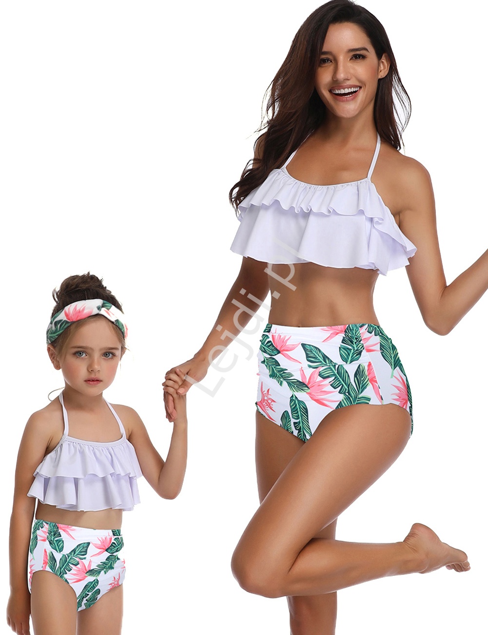 Bikini dwuczęściowe mama i córka z liściami i jasnoróżowymi kwiatkami