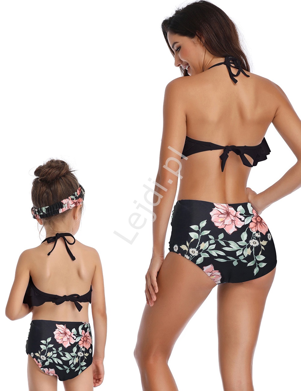 Bikini mama córka w kwiaty, czarne z falbanami 5164