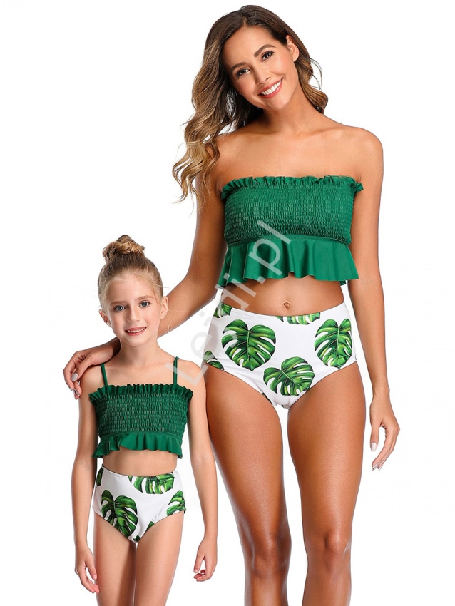 Bikini mama córka z zielonymi liściami 0135