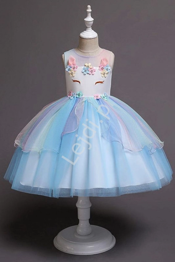 Błękitna sukienka dla dzieczynki z falbaną z jednorożcem