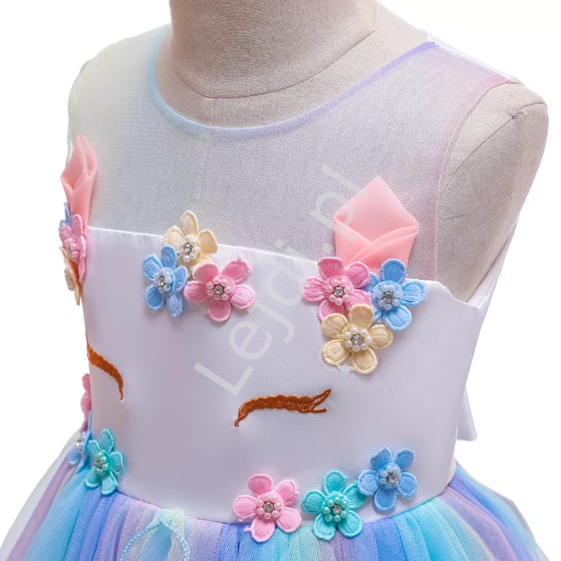 Błękitna sukienka dla dzieczynki z falbaną z jednorożcem