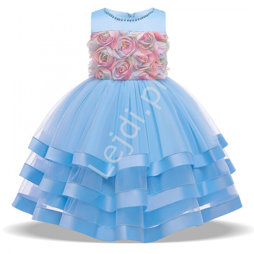 Błękitna sukienka dla dziewczynki z perełkami i kwiatkami 