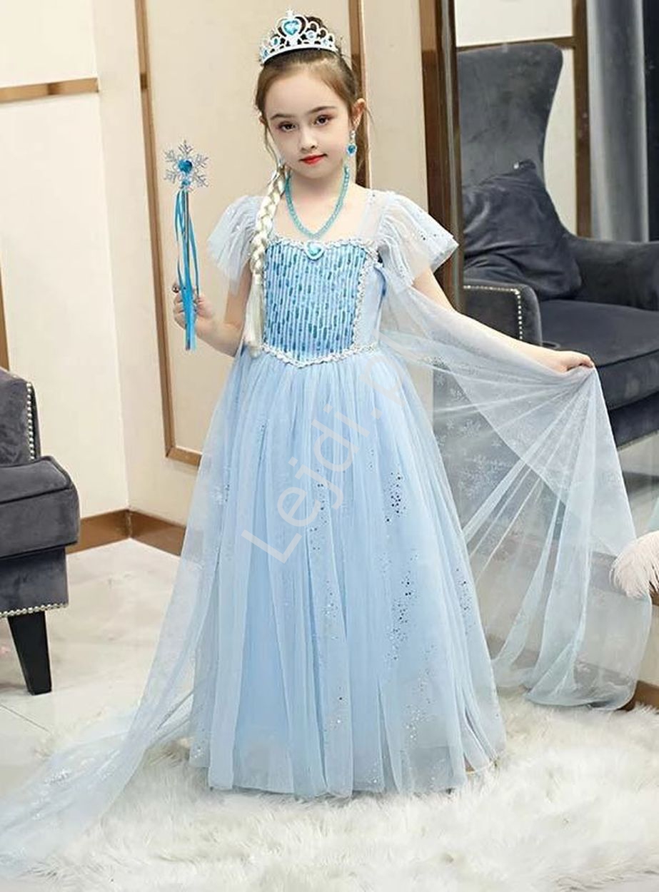 Błękitna sukienka księżniczki z peleryną, strój karnawałowy Elsa z Krainy Lodu