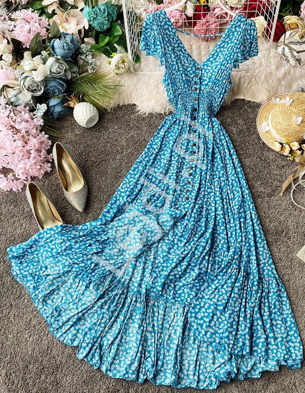 Błękitna sukienka letnia w białe kwiatki, zwiewna sukienka w kwiaty 3724 - Lejdi