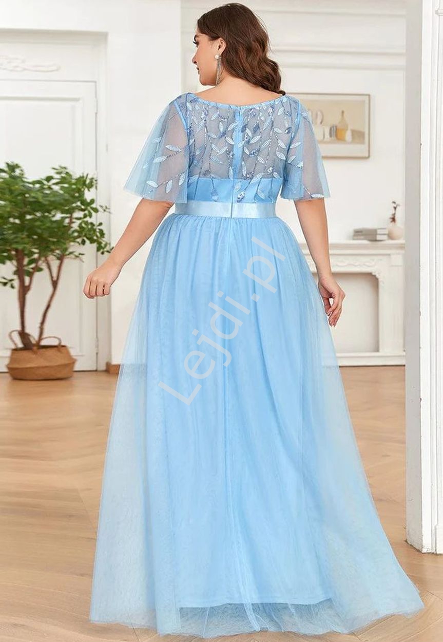 Błękitna sukienka wieczorowa na wesele, na studniówkę z haftowanymi listkami z cekinami 