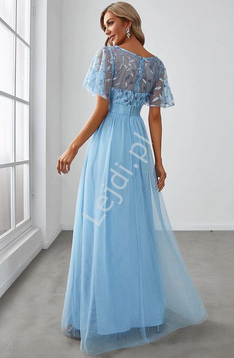 Błękitna sukienka wieczorowa na wesele, na studniówkę z haftowanymi listkami z cekinami 