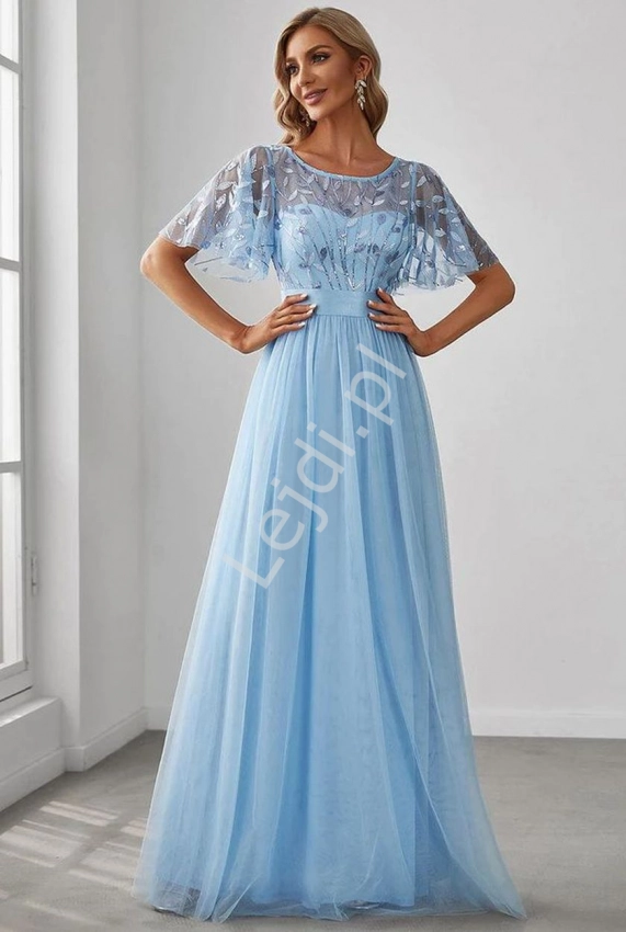 Błękitna sukienka wieczorowa na wesele, na studniówkę z haftowanymi listkami z cekinami 0904