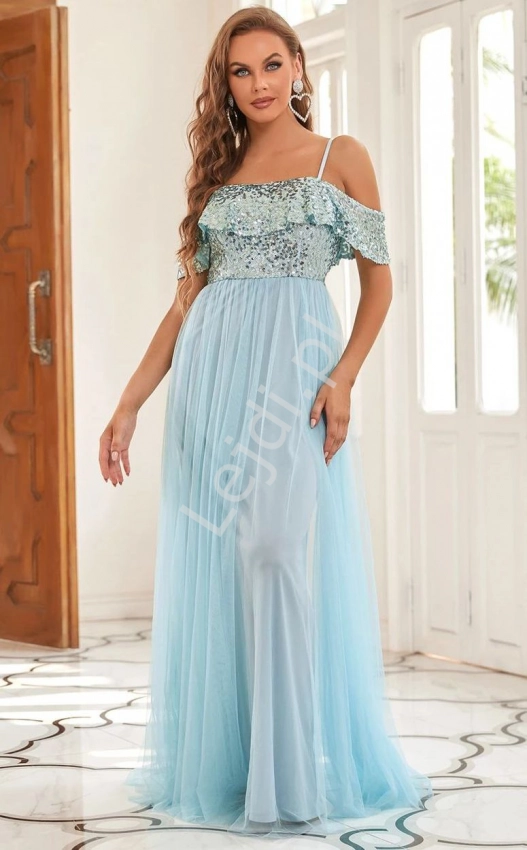 Błękitna sukienka wieczorowa z cekinową górą ala Hiszpanka 0092