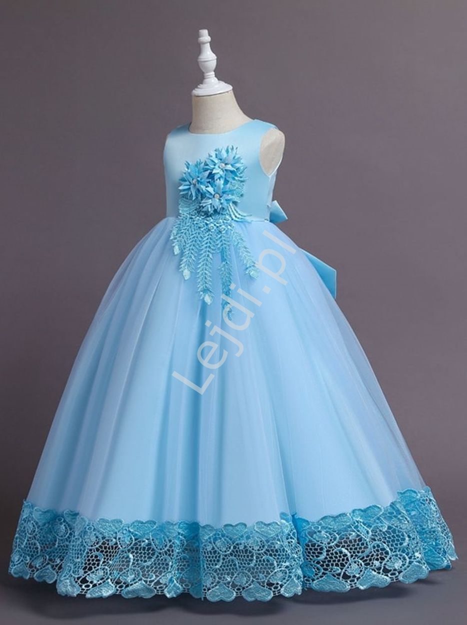 Błękitna suknia wieczorowa dla dziewczynki, długa sukienka dla dziewczynki