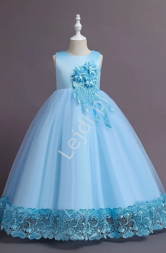 Błękitna suknia wieczorowa dla dziewczynki, długa sukienka dla dziewczynki