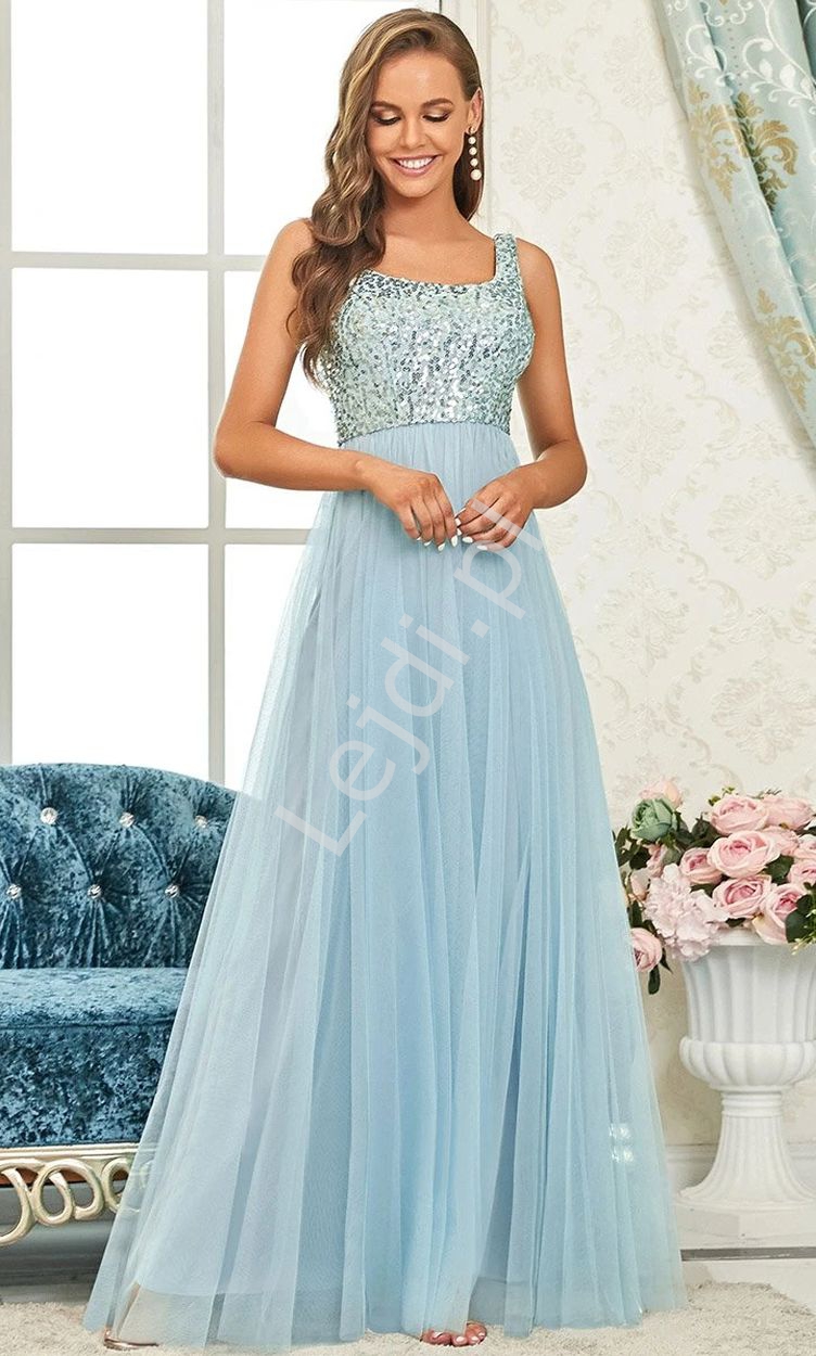 Błękitna wieczorowa suknia na wesele, na sylwestra zdobiona cekinami 0090 - Lejdi