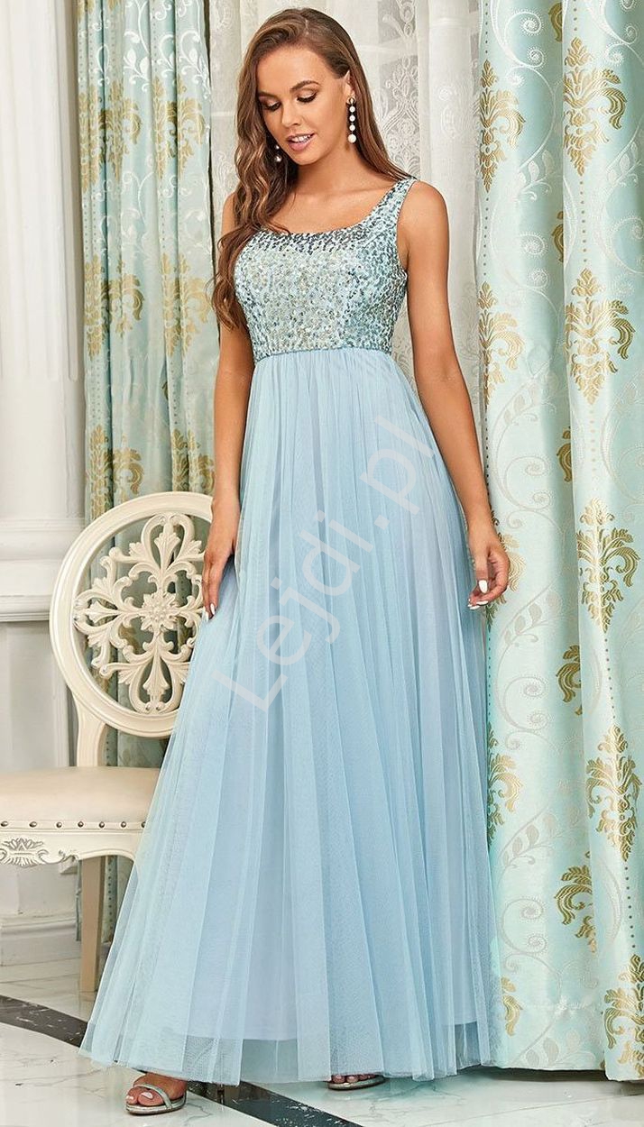 Błękitna wieczorowa suknia na wesele, na sylwestra zdobiona cekinami 