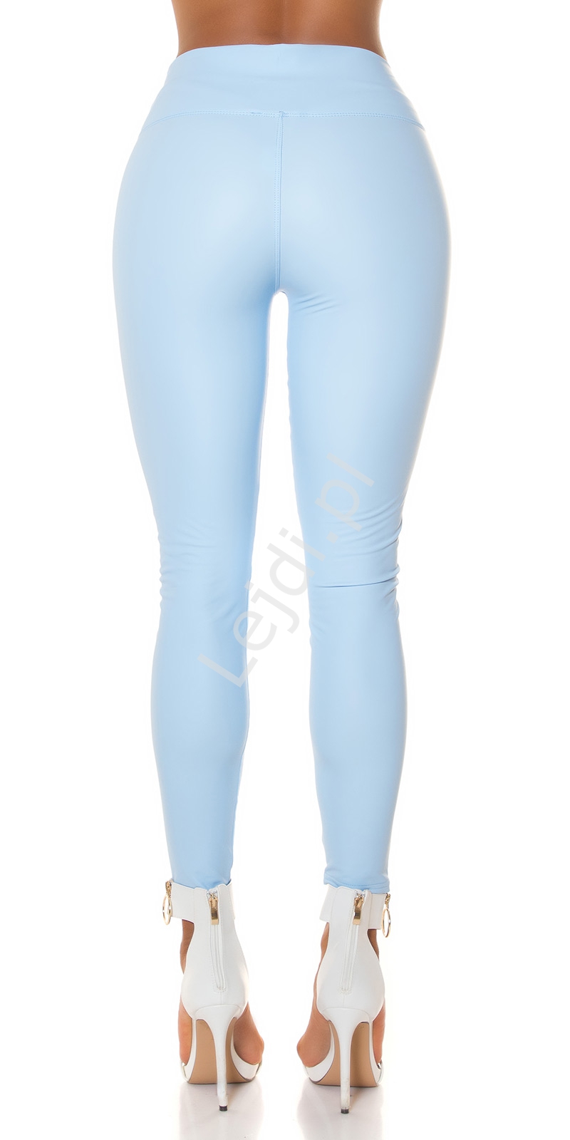 Błękitne spodnie damskie z ekoskórki, legginsy 2048