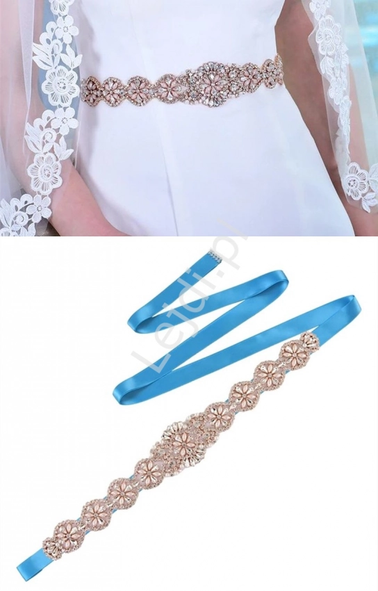 Błękitny pasek satynowy z kryształkami i perełkami S161