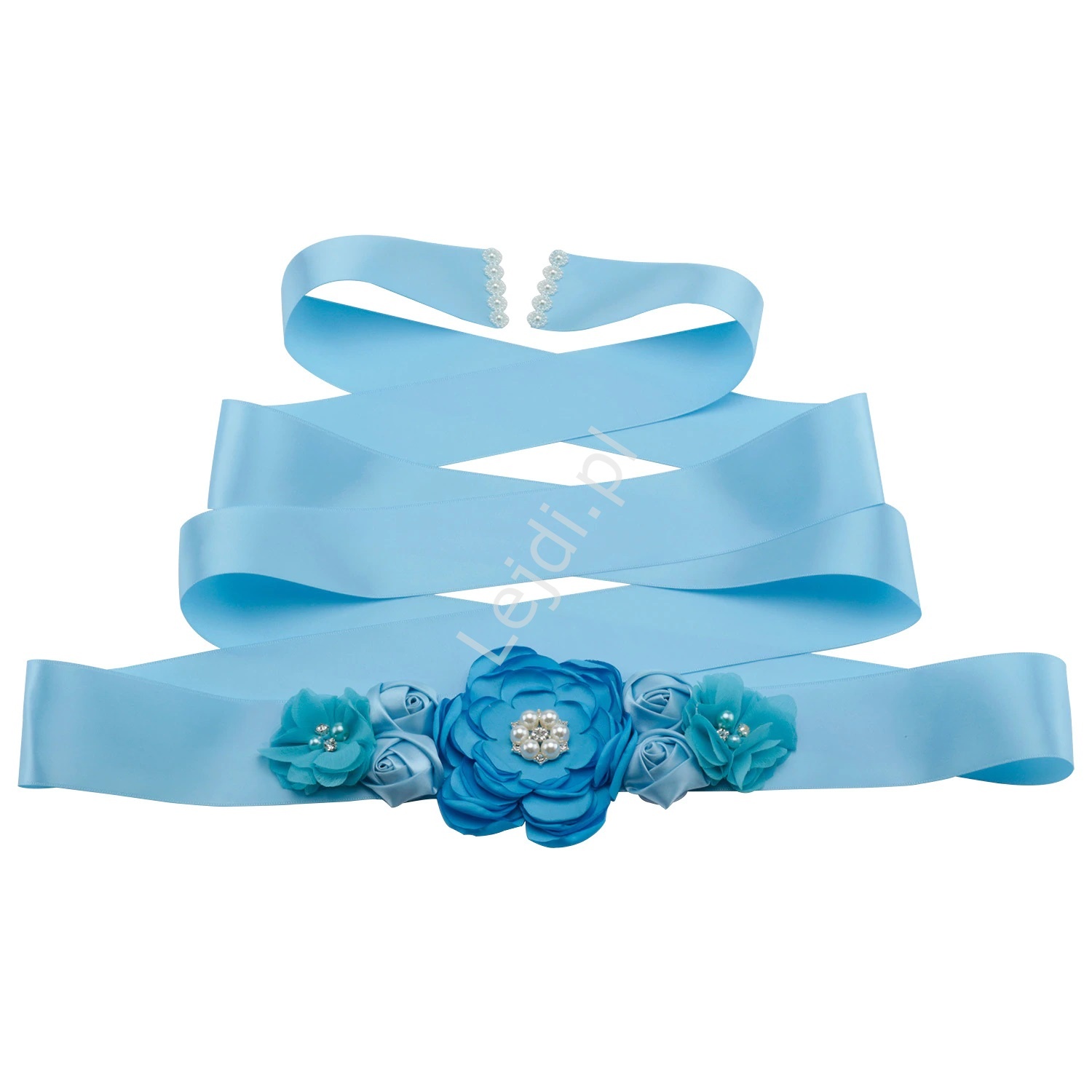Błękitny pasek wieczorowy z kwiatami 3D, podkreślający talię w sukniach i kombinezonach