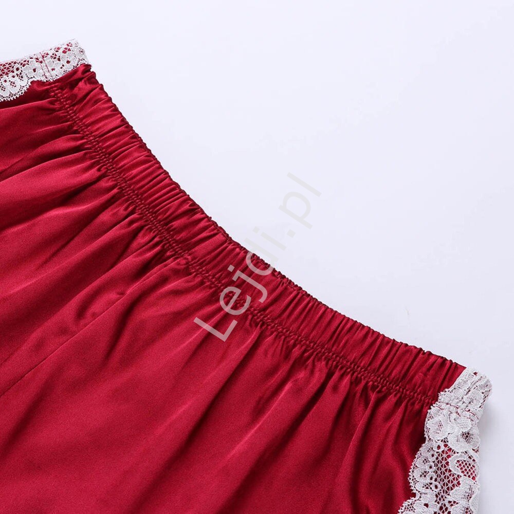 Bordowa satynowa piżama białą koronką 0095