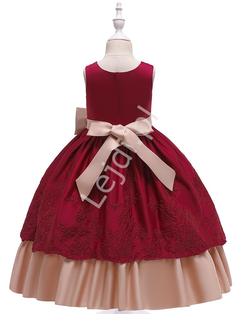 Bordowa sukienka dla dziewczynki na święta, wesele, z beżowymi wstawkami 220
