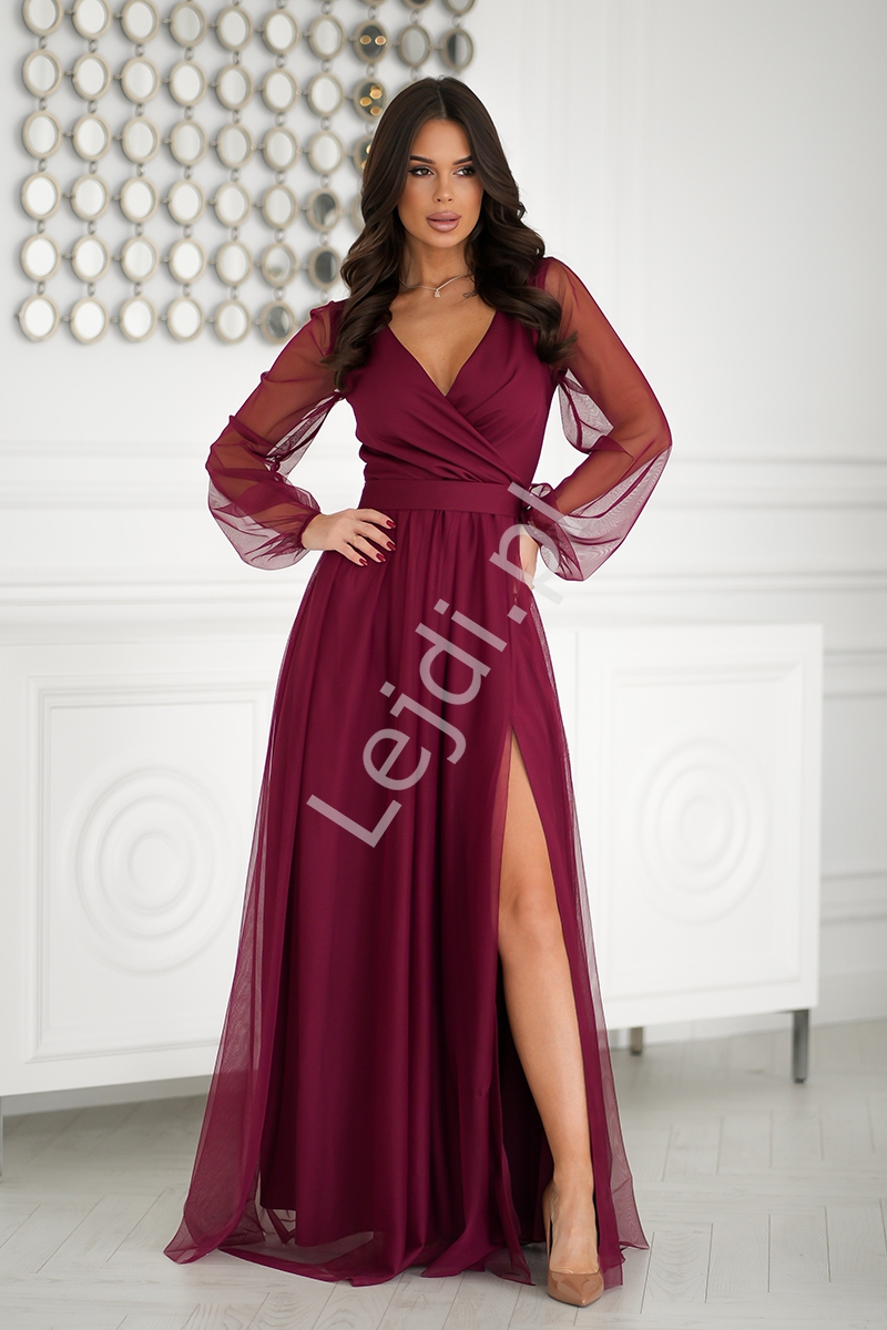 Bordowa suknia wieczorowa, zwiewna sukienka na wesele, na studiówkę, dla druhny HB302