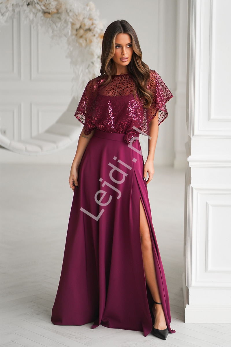 Bordowa wyszczuplająca suknia na wesele + bolerko z cekinami i kwiatem w pasie 2w1 , sukienka wieczorowa r.34 - r.48 HB333