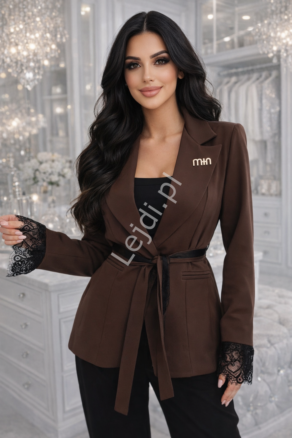 Brązowa marynarka z koronką , elegacnki żakiet damski czarny Almost Forever 8759